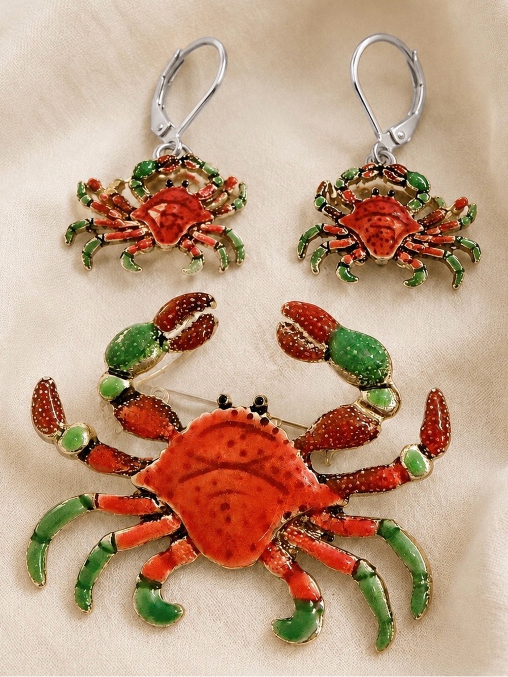 New Enamel Crab Brooch & Leverback Earrings Set | Coastal Statement Jewelry